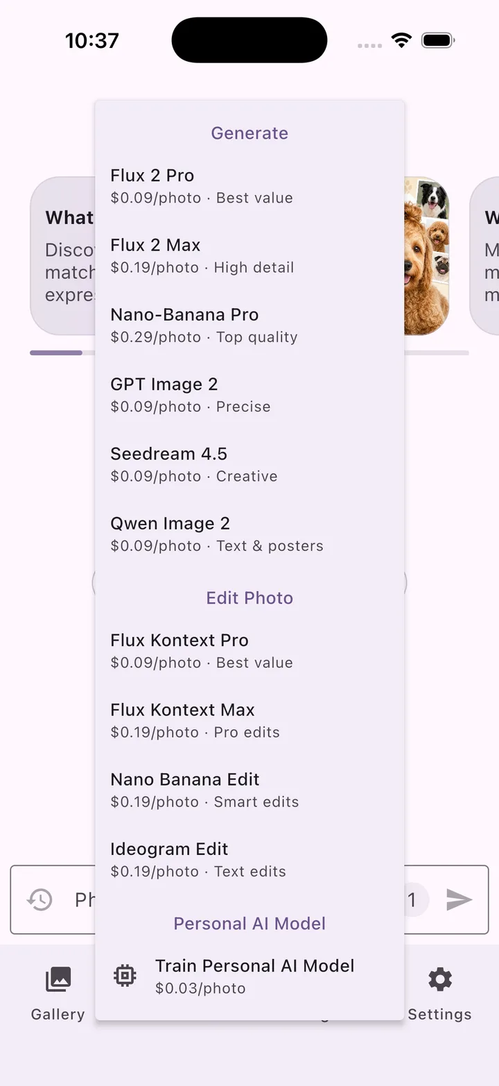 My AI Photo Shoot App mit Auswahl der KI-Modelle
